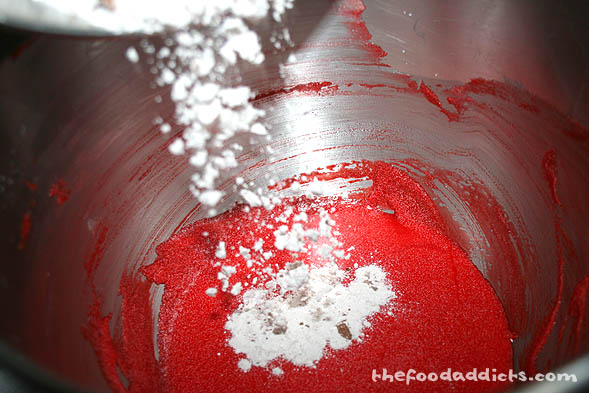 After adding the red food coloring into the wet ingredients, combine the dry ingredients, and mix well. 