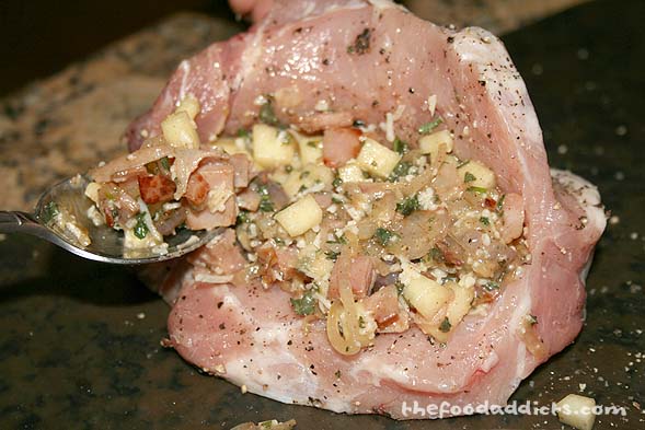 With your 1-inch thick pork chops, cut pockets by slicing horizontally in the side. Stuff each chop with apple mixture. 