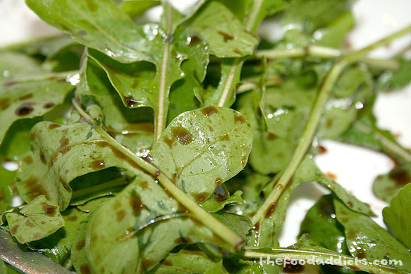To go inside the crêpes, we got some arugula in the garden (however, the recipe calls for spinach - use whatever you have). Toss the arugula in a little bit of olive oil and balsamic vinegar for extra flavor.