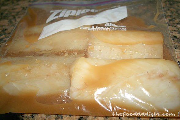 Take 4 pieces of cod and put it into a ziploc bag with the miso marinade. Leave it in the fridge overnight (we actually had it in the fridge for 3 days before cooking it which is what Chef Nobu recommends). 