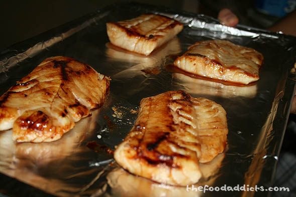 The fish goes into a 400-degree oven for about 7-10 minutes. 